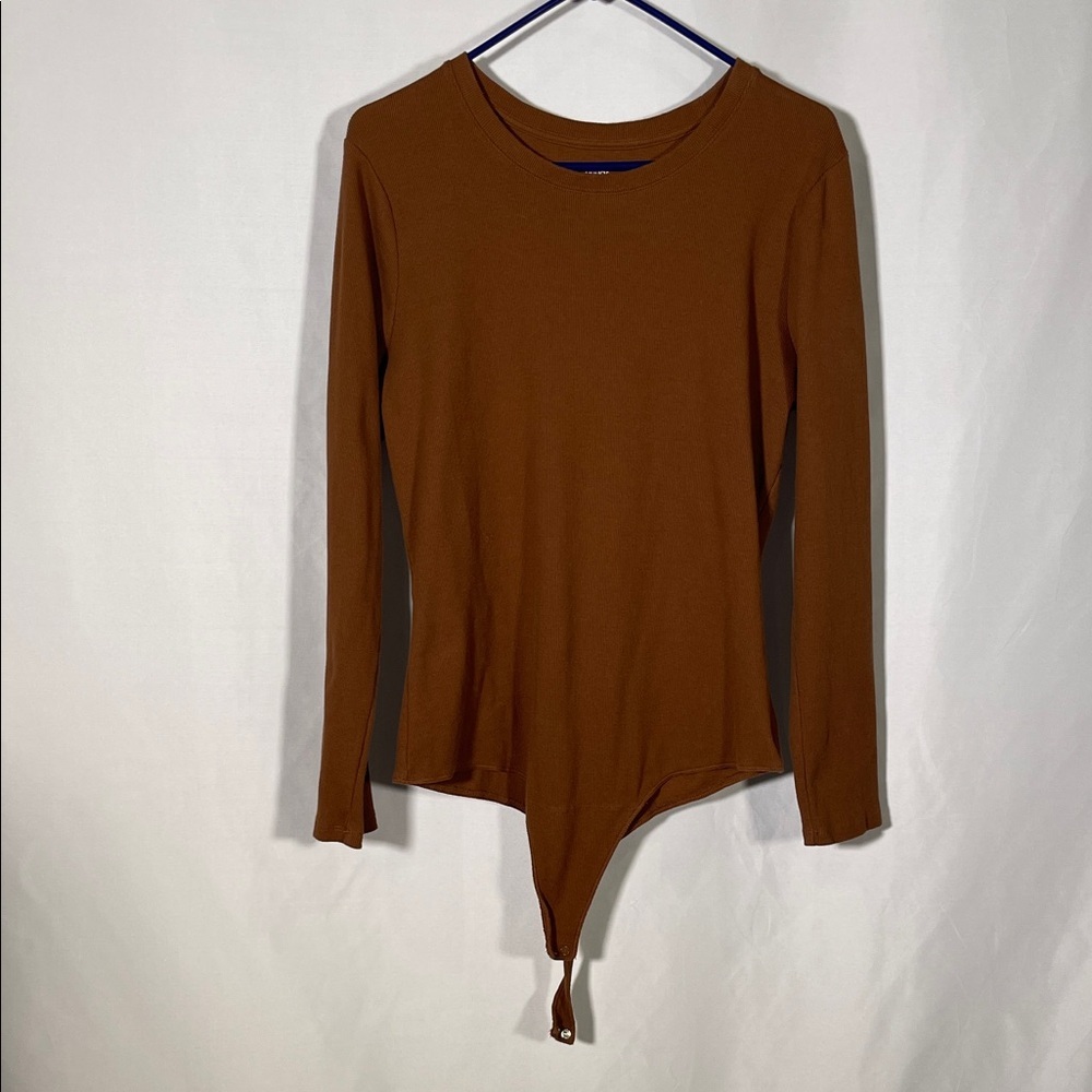 NUUDS WOMENS RIBBED BROWN CAMEL LONG SLEEVE BODYSUIT XXL
